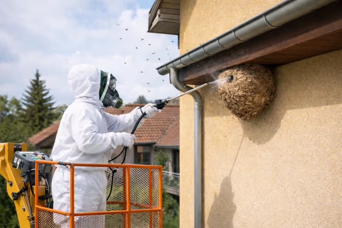 Technicien FP Nature Nuisible détruisant un nid de guêpes sous une toiture à Aix-en-Provence