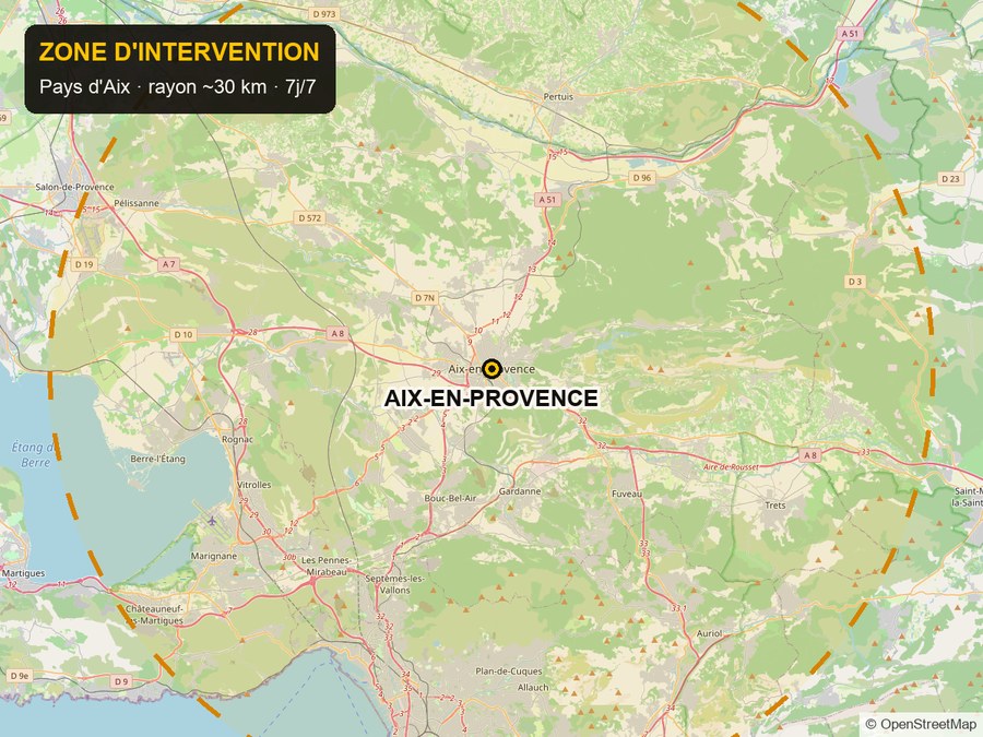 Carte des villes d'intervention de FP Nature Nuisible dans le pays d'Aix
